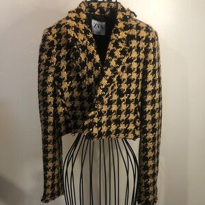 Zara Women's Black and Tan Checkered Blazer